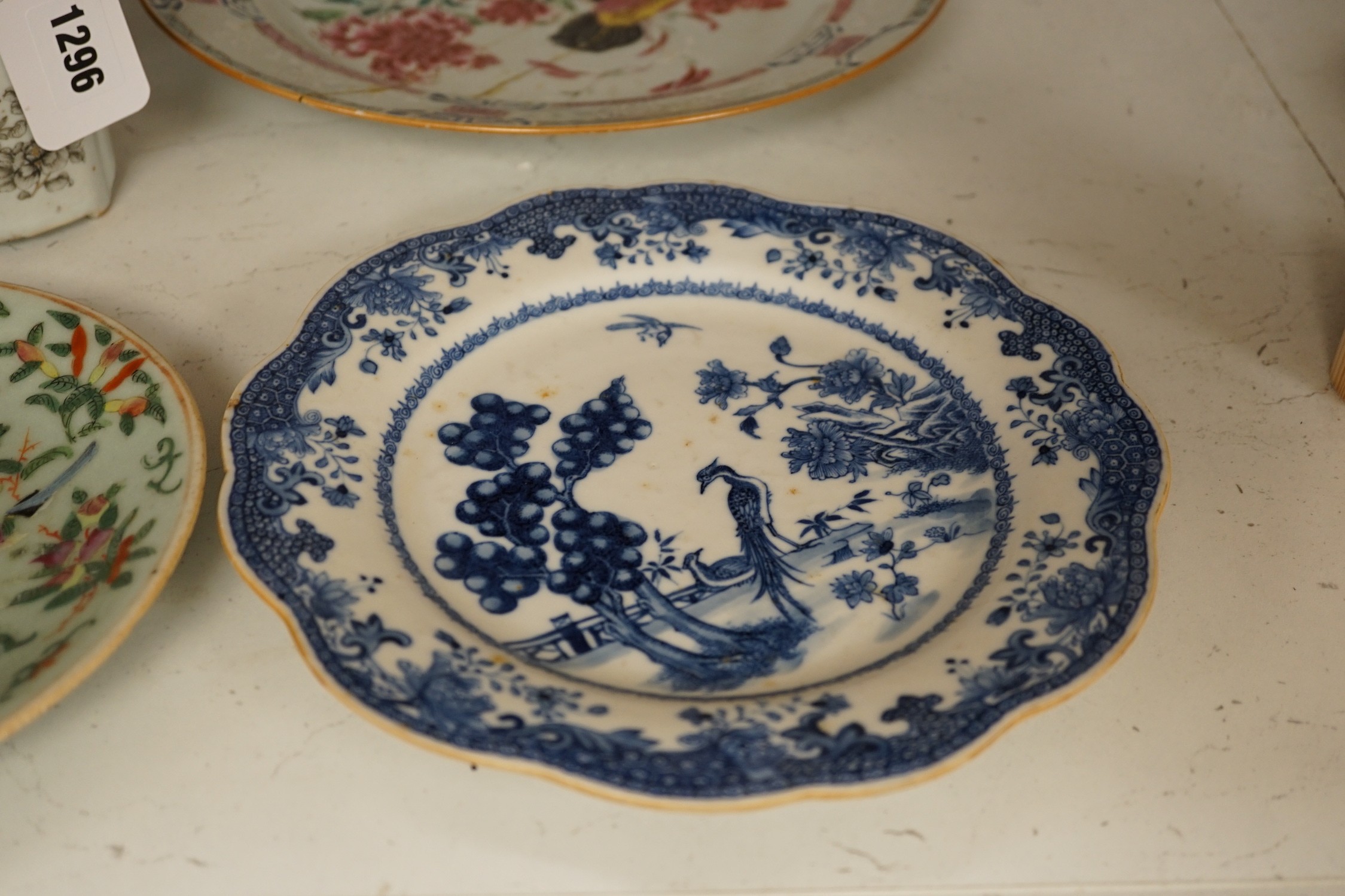 A Chinese famille rose plate, pair of celadon dishes, tea canister, etc. (6), largest plate 28.5cms diameter